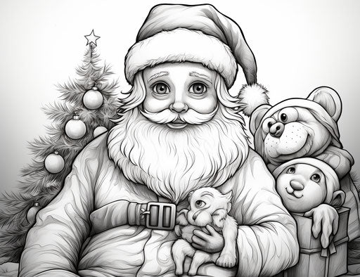 Christmas coloring pages for kids, in the style of Samyang AF 14mm f/2.8 RF, plush doll art, Rudolph Belarski, dark cyan and pink, Tim Holtz, Lucas Cranach the Younger, Konica Auto S3 31:24