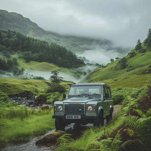 Vintage 1980 Range Rover crossing lush green Scottish Highlands