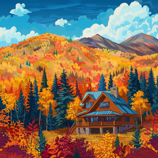 Mountain lodge surrounded by vibrant fall foliage
