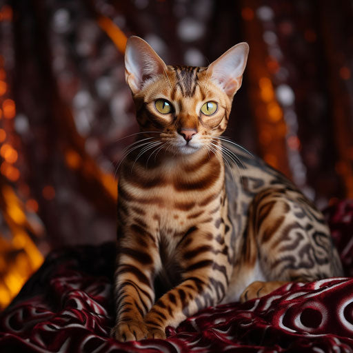 Bengal cat sitting on blanket, light maroon and light gold