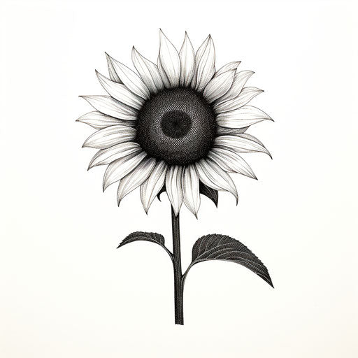 A sunflower in black and white with a clean and simple design