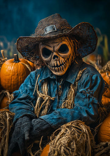 The scarecrow in a pumpkin patch