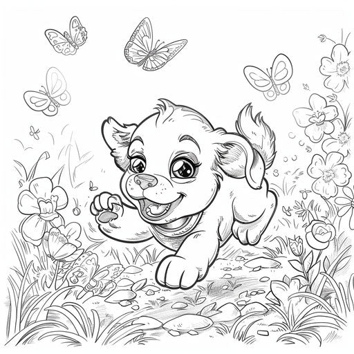 A playful puppy chasing butterflies in a garden