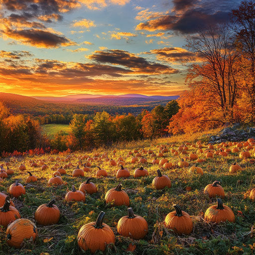 Pumpkin patch on hillside overlooking fall valley