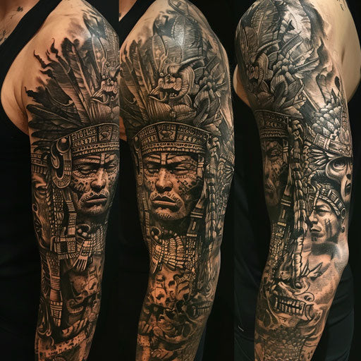 Aztec gods sleeve tattoo, J.P. Targete style
