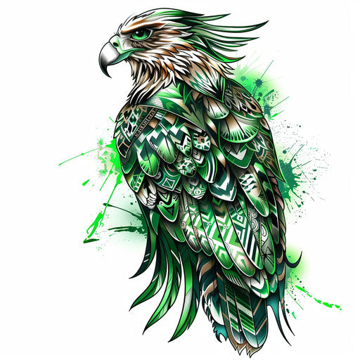 Elegant tattoo sketch of a Mexican eagle perched, clipart style with intricate feather details in deep green