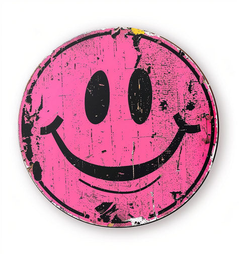 Pink smiley face sticker with black outlines on white background, cute vintage style