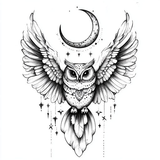 Flat tattoo sketch of a beautiful owl chest tattoo with crescent moon and stars