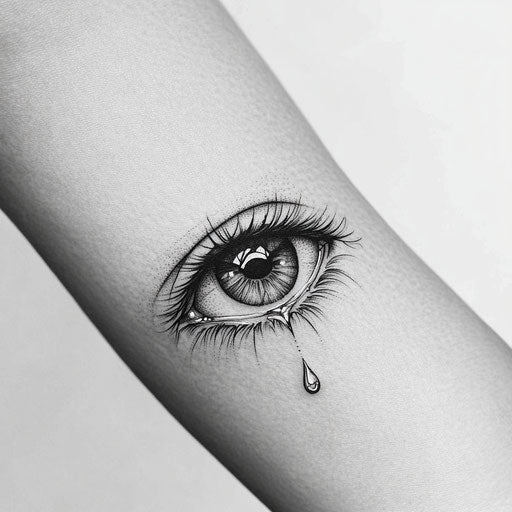 Eye tattoo with tear on arm, flat tattoo sketch