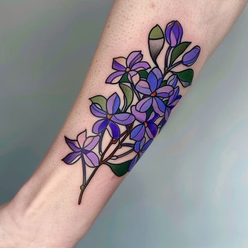 Lilac tattoo with black contours and vivid colors