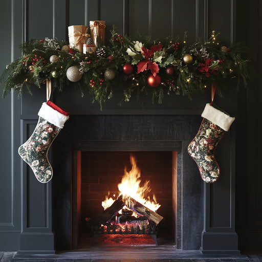 Decorated Christmas garland over a fireplace with stockings hung and crackling fire