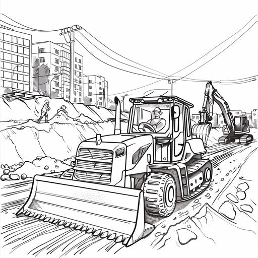 Road construction site with bulldozer and crew of workers
