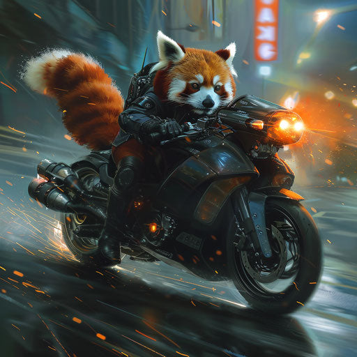 Red panda in high-speed chase on futuristic motorcycle