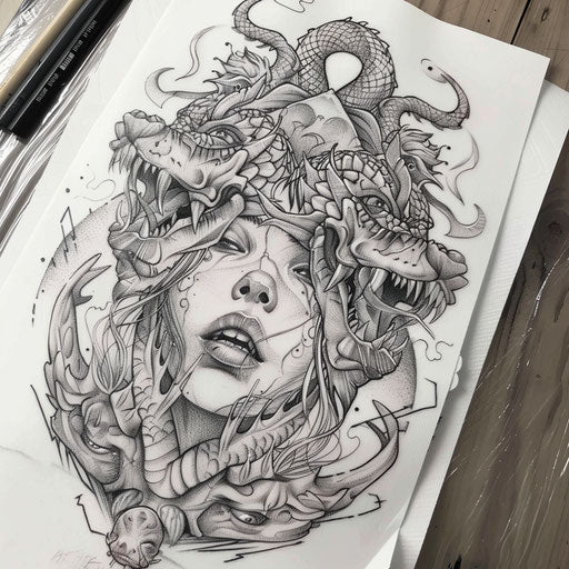 Neo-traditional flat tattoo sketch of a soul guarded by mythical creatures