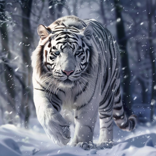 The majestic white tiger prowling in a snow-covered forest