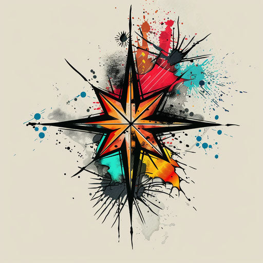 Dynamic flat tattoo sketch of the North Star with explosive abstract patterns and sharp contrasting colors