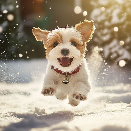Cheerful puppy with Christmas collar running in snowy garden