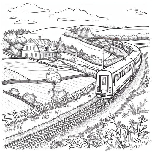 Train through countryside with hills and farms