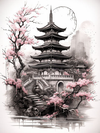 Japanese wooden pagoda with blossoming cherry blossom, tattoo inspired style, charcoal sketches, terraced cityscapes, tattoo 3:4