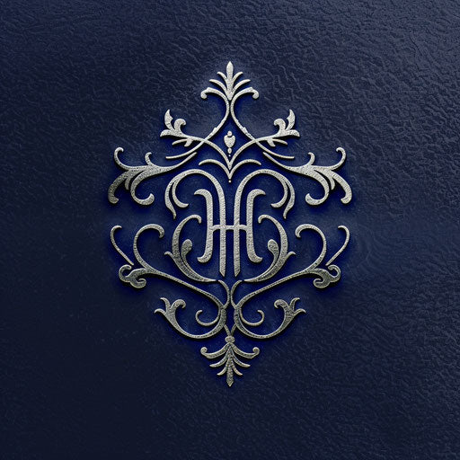 Elegant logo with monogram and delicate filigree, in silver and royal blue