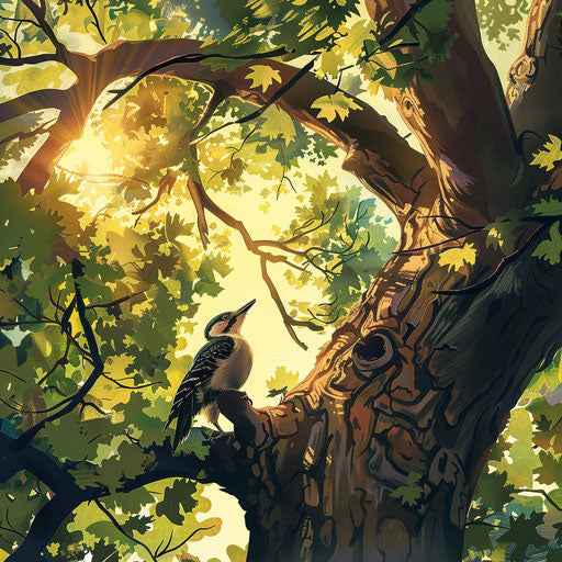 Woodpecker tapping on ancient oak tree in sunlight