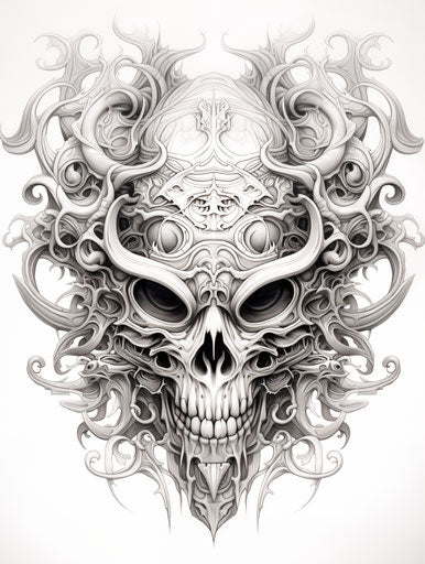 Skull mask, Oriental art, drawing, illustration
