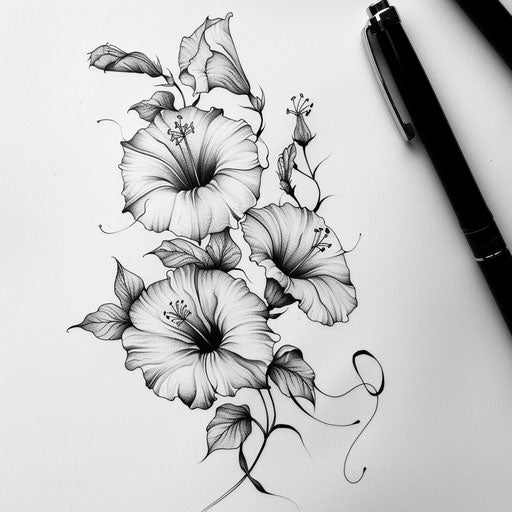 Elegant morning glory tattoo sketch in monochrome palette