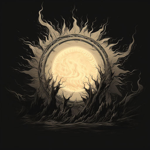 Fiery sun, black and white drawing, archaeological object