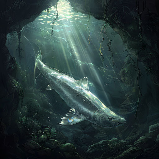 White sturgeon navigating through underwater caves