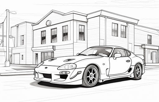 Toyota Supra parked by building, simple line drawing style