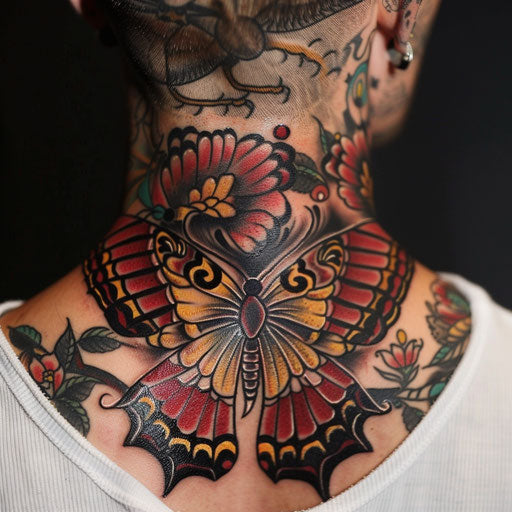 Butterfly neck tattoo with heroic elements
