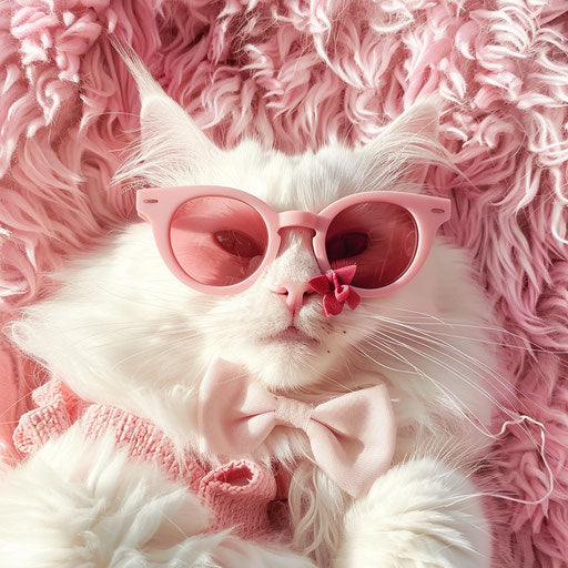 White cat with sunglasses and pink and red bows