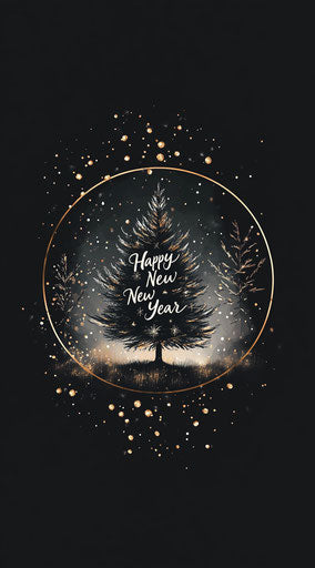 Black and gold calligraphic circle with 'Happy New Year' text
