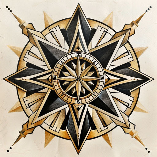 Art deco compass rose tattoo sketch with gold and black colors