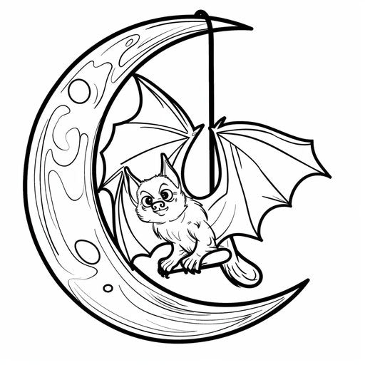 Bold outline of a bat hanging from a crescent moon