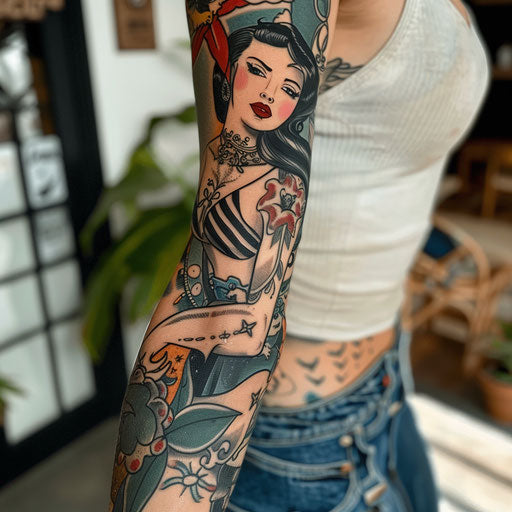 Classic pin-up girl sleeve tattoo in the style of Ed Hardy