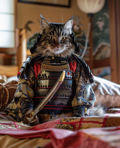Cat in samurai costume sitting on a bed