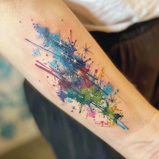 Impressionist-inspired galaxy tattoo art on white background