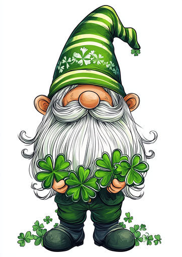 Little gnome with Irish hat and clovers in hand