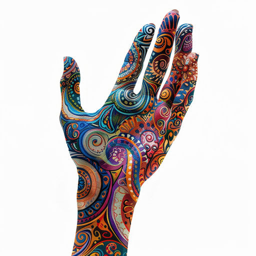 Realistic hand illustration on white background with colorful patterns