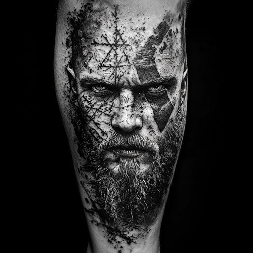 Viking tattoos for men with a Viking warrior's face framed by battle scars in the style of Ami James
