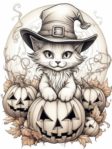 Halloween cats with bats and pumpkins coloring page witch