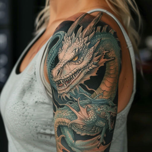 Women's arm tattoos in Glenn Fabry style with realistic fantasy dragon
