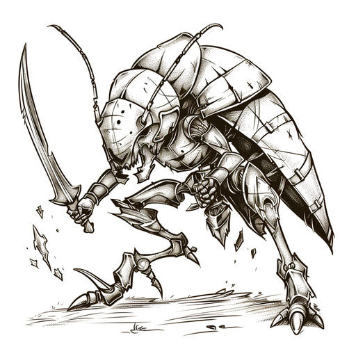 Flat tattoo sketch of an ant in a battle pose with warrior armor