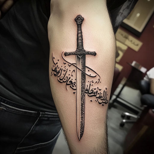 Arabic tattoo with a sword in calligraphy on the bicep