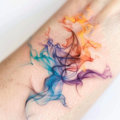 Vibrant multicolored smoke creating a festival of colors in a tattoo design on white