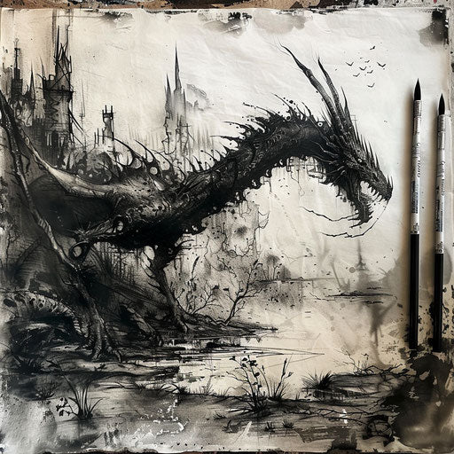 Flat gothic tattoo sketch of a black dragon lurking in a shadowy, haunted landscape