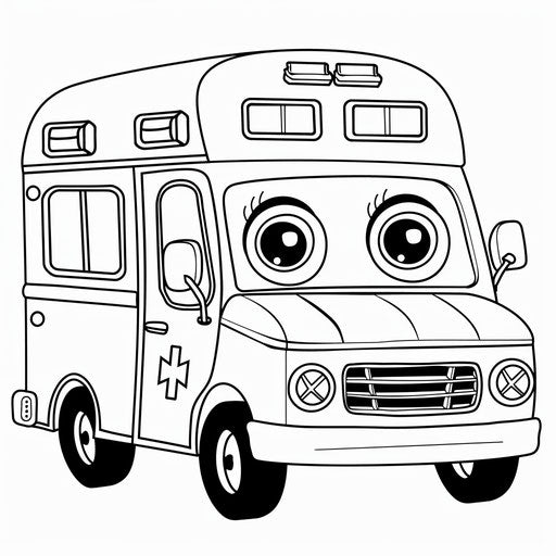 Whimsical cartoon ambulance with smiling face and big friendly eyes