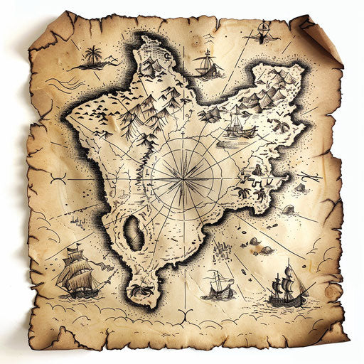 Flat tattoo sketch of a mysterious ancient map with uncharted territories