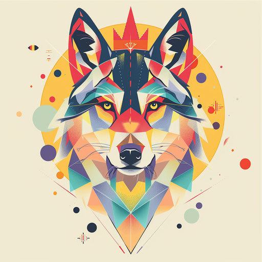 A playful geometric wolf with dots and bright colors